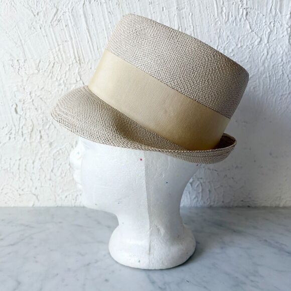 Genuine Panama Straw Hat Cloche Wide Brim Cream Grosgrain Ribbon Bow Vintage main image 5